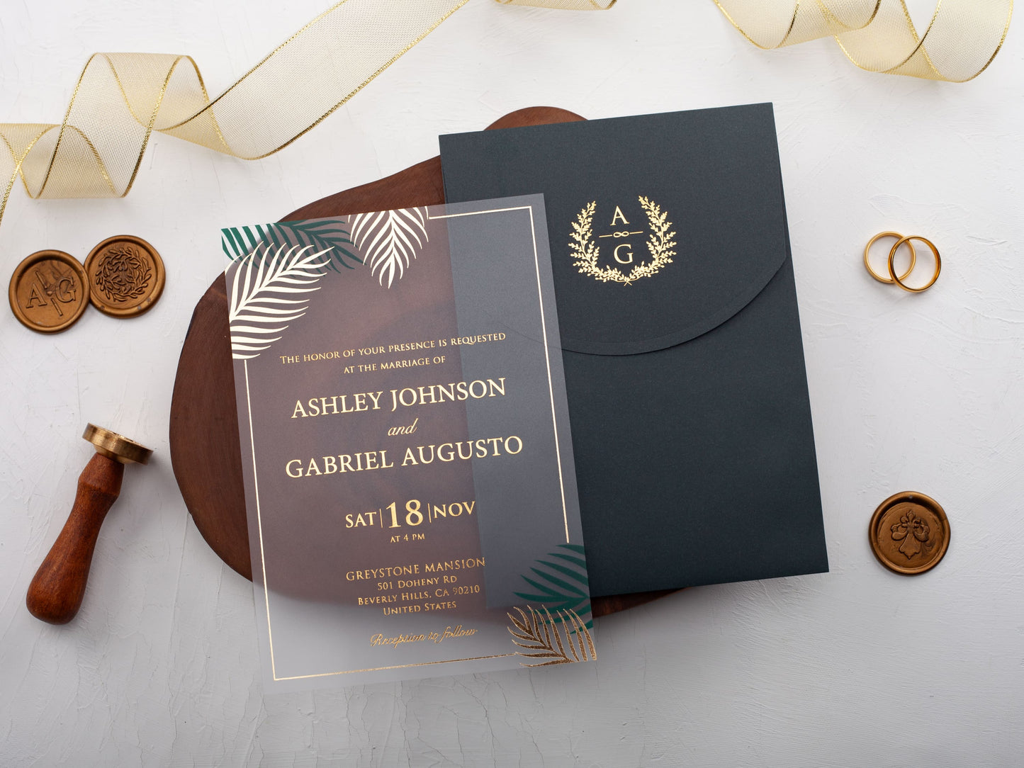 Botanical Palm Leaf Acrylic Invitation for Tropical Weddings