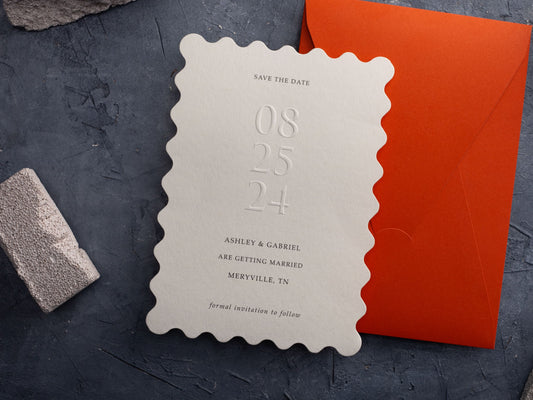 Stylish Save the Date Card with Embossing and Wavy Cut Shape - LA Invitations Co
