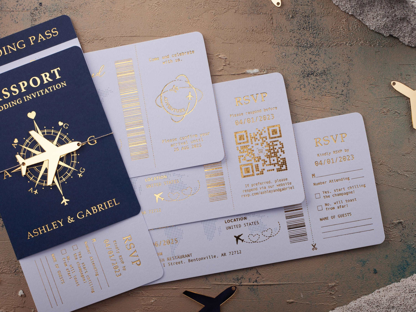 Gold Foil Destination Wedding Invitation in Navy Blue Passport Style