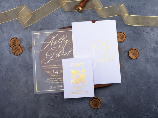 Acrylic Wedding Invitation with Gold Letters and White Sleeve - LA Invitations Co
