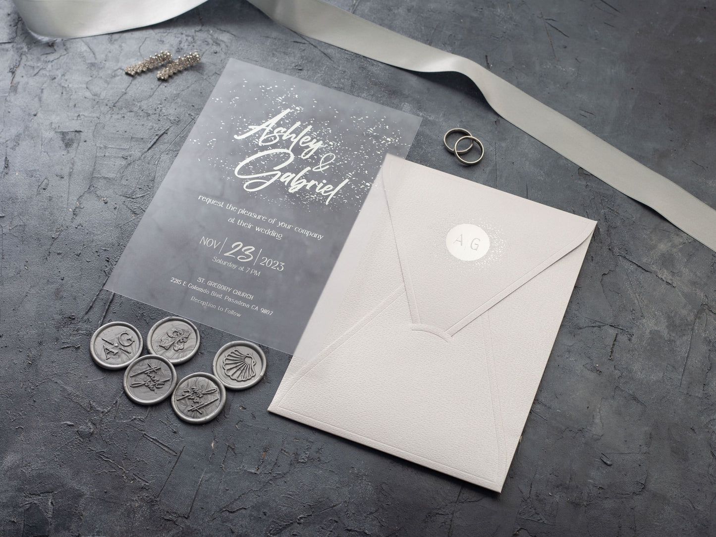 Modern Acrylic Wedding Invitation with Silver Foil and White Envelope