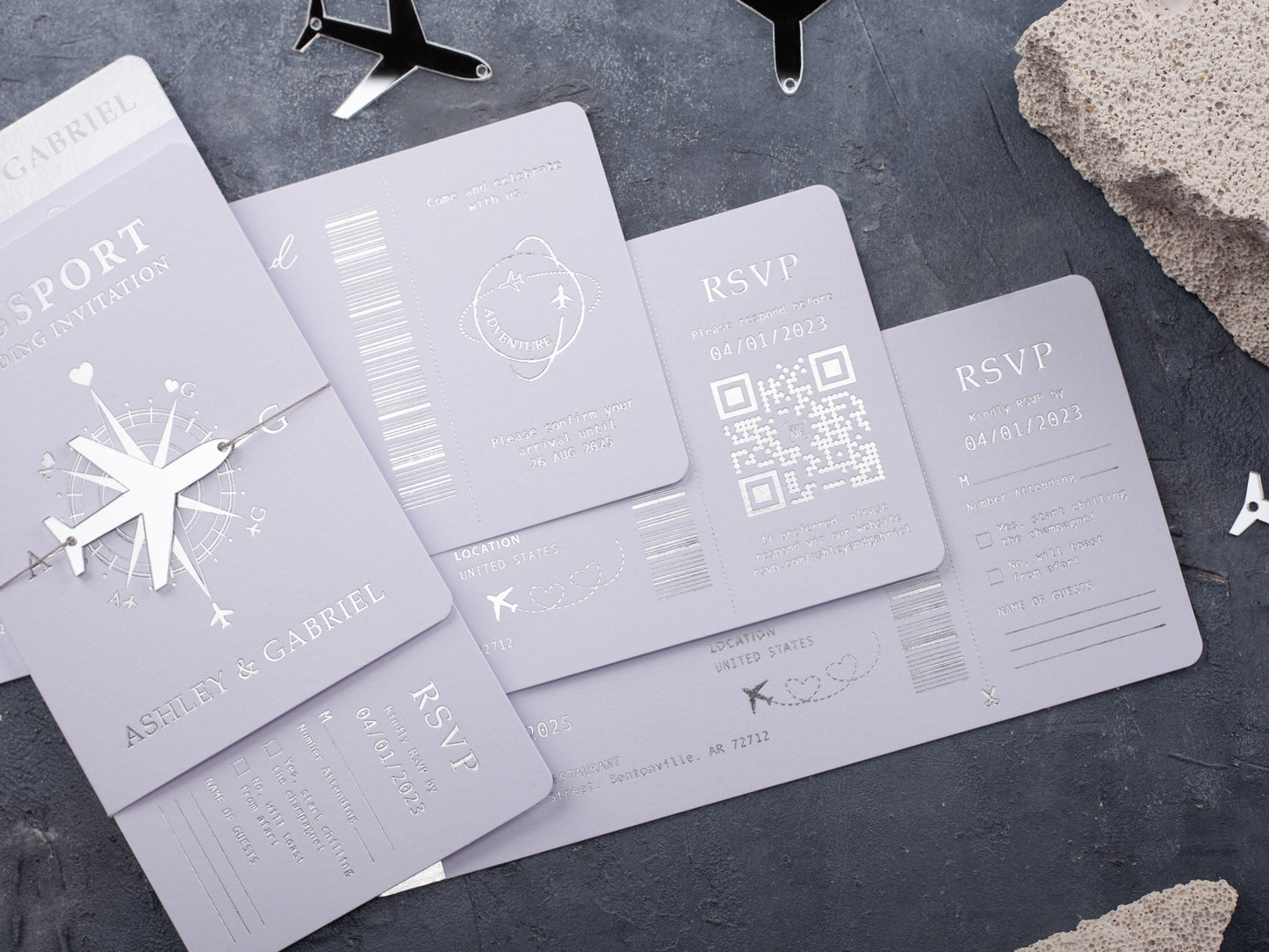 Elegant White Boarding Pass Wedding Invitation with Silver Foil