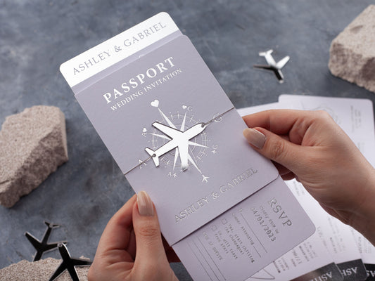 Elegant White Boarding Pass Wedding Invitation with Silver Foil