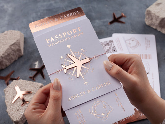 Chic White and Rose Gold Foil Passport-Style Wedding Invitation