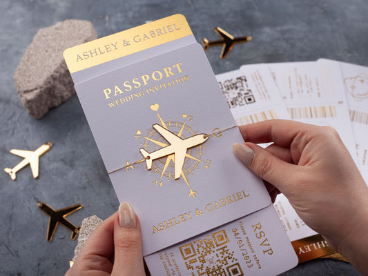 Luxury White Passport-Style Invite with Radiant Gold Foil Print