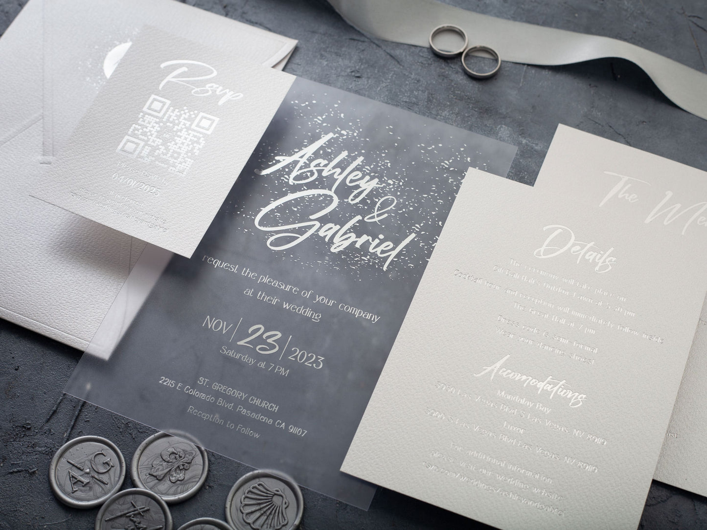 Modern Acrylic Wedding Invitation with Silver Foil and White Envelope